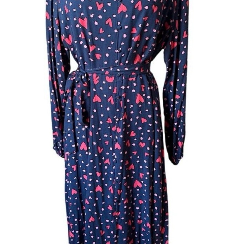 Classic Button Down Tie Waist Navy Heart Print Midi Dress Size 14